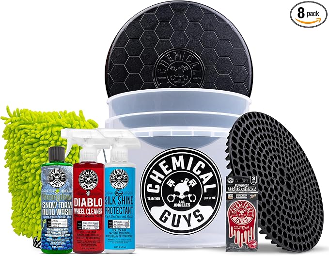 Chemical Guys, 8-Piece Arsenal Builder Car Wash Kit, Bucket & Chemicals | Bucket, dirt trap, lid, wash mitt, air fresheners and three care chemicals for a complete starter wash