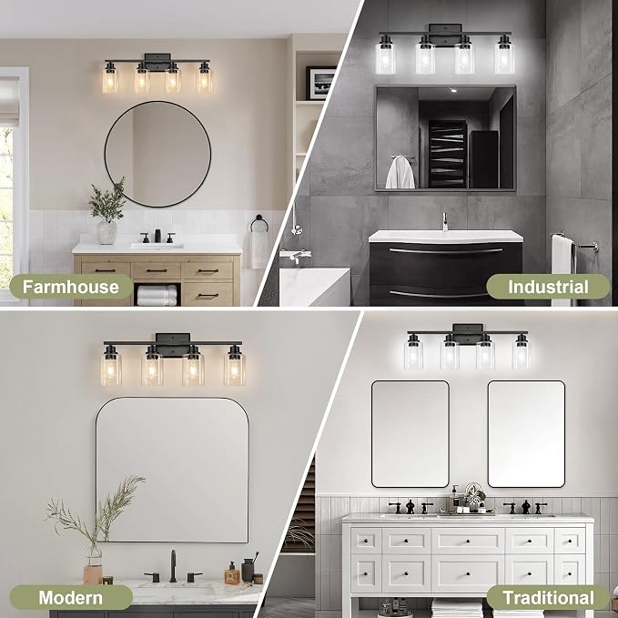 Unicozin Modern Bathroom Light Fixtures, 4 Light Vanity Lights Over Mirror, Black Wall Lamp with Clear Glass for Living Room Cabinet Bedroom Porch