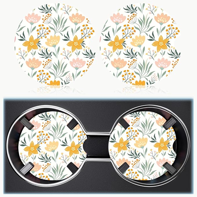 Car Cup Holder Coaster Set of 2, 2.56 in Ceramic Coasters, Scratch-Resistant Cork Backing, Finger Groove Design for Easy Placement, Cute Car Accessories Interior for Women (Yellow Flower)