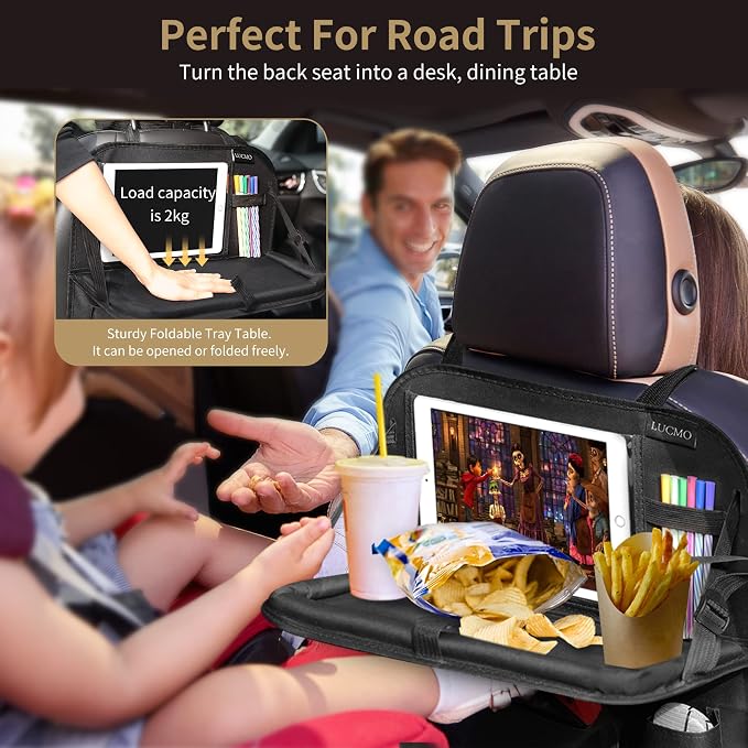 LUCMO Car Backseat Organizer with Foldable Tablet Holder, Black | 2 Pcs,6 Storage Pockets,Foldable Food Tray,Protectors Kick Mats,Travel Accessories,Seat Cover,Road Trip Essentials