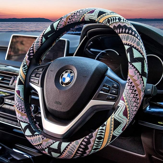 Valleycomfy Boho Steering Wheel Covers for Women Cloth Bohemian Universal | 15 inch Baja Blanket Enthic Maya