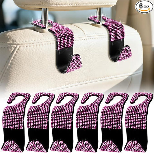 BFXM 6 Pack Bling Car Seat Headrest Hooks, Rhinestone Purse Hook for Car, Universal Storage Organizer for Handbag Grocery Bags Coats, Bling Car Accessories for Women (Bling Pink)