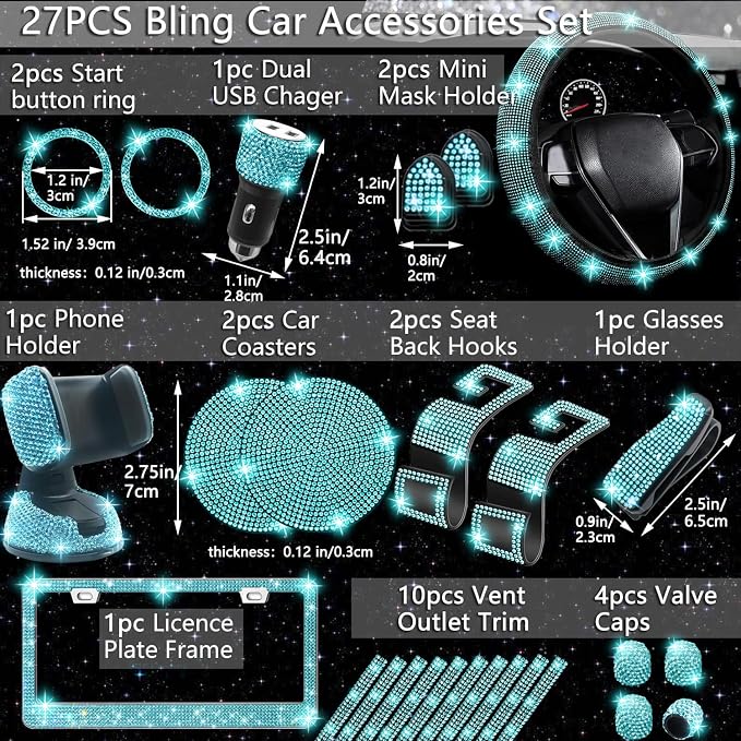 NBTEPEM 27 PCs Aquamrine Bling Car Accessories Set for Women, Steering Wheel Covers Universal Fit 15 Inch, Bling License Plate Frame, Bling Phone Holder, Bling Car Coasters (Aquamrine Diamond)