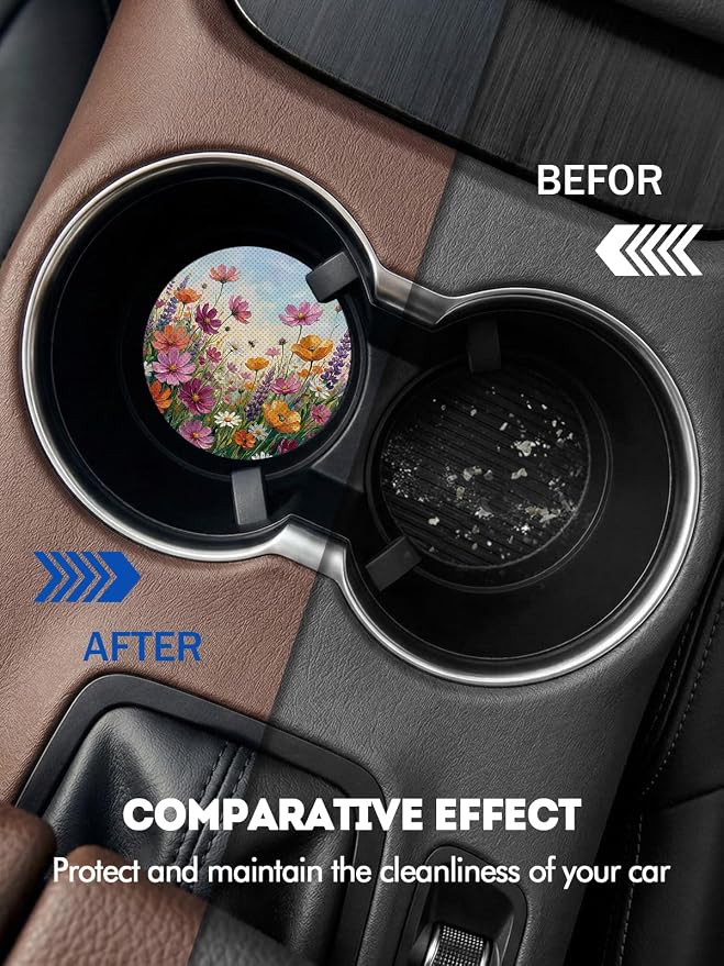 WOCOCN Car Coasters for Cup Holders - 2 Pack 2.75" Universal Rubber Car Cup Coaster, Non-Slip Waterproof Car Interior Accessories, Cute Car Decor Gifts for Women and Men (Oil Painting Flowers)