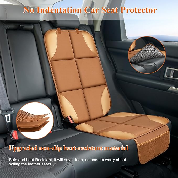 Car Seat Protector, Carseat Seat Protectors with Thick Padding and Upgraded Non-Slip Backing, Waterproof Seat Protector Under Baby Car Seat, 600D Fabric Car Seat Covers for Baby, 2PCS, Tan