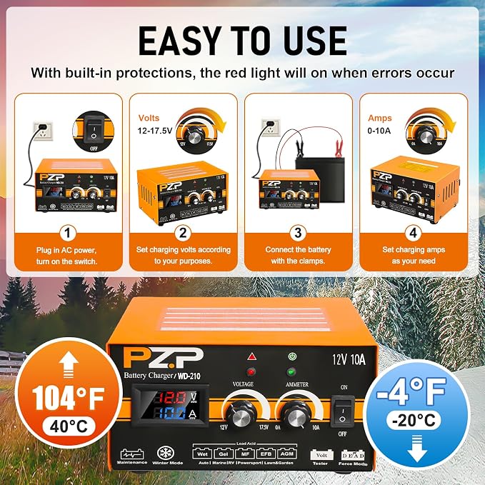 PZP 12V Manual Battery Charger Maintainer, 0 to 10A Arbitrarily Adjustable Car Battery Trickle Charger, Battery Desulfator with Repair, Winter Mode, Suitable for Lawn Mower, AGM, Deep Cycle Batteries