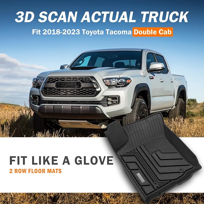 KUST Floor Mats for 2018-2023 Toyota Tacoma Double Cab (Automatic Only), All Weather TPE Rubber Floor Liners for Toyota Tacoma Accessories 2 Row High Edge