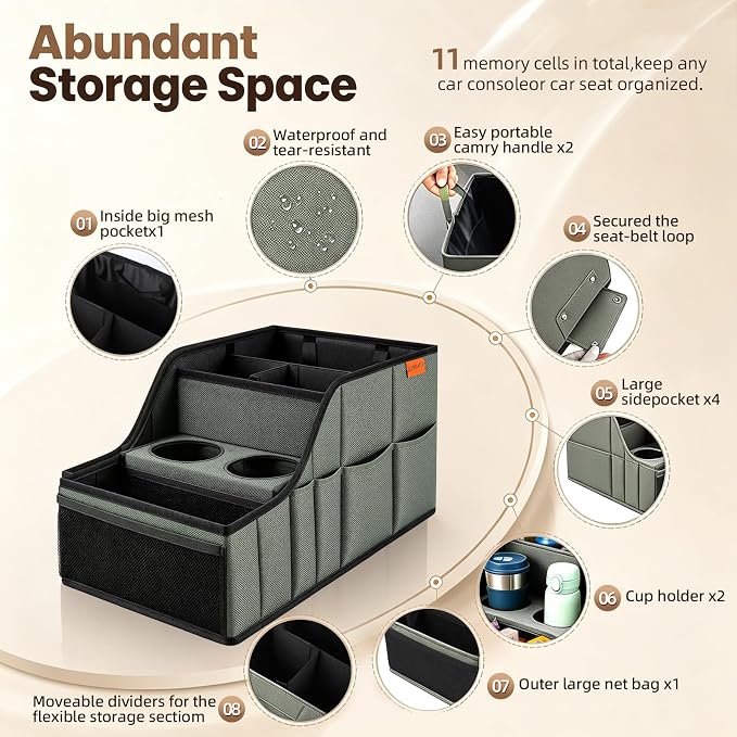 Car Seat Organizer Back Front Captains Seats Storage Travel | Car Organizer, Back Seat Car Organizer, Car Seat Organizer Front Seat – 9 Compartments, 2 Cup Holders – Foldable