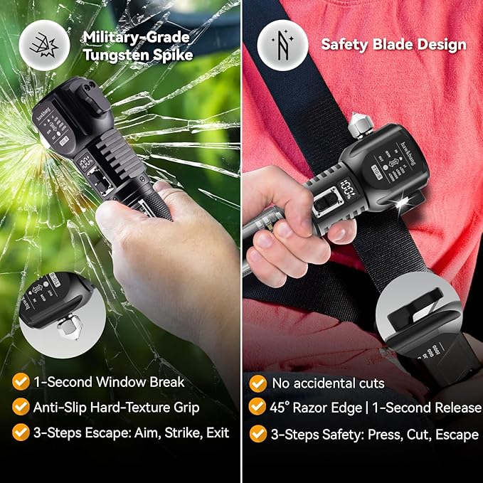 18-in-1 Car Emergency Flashlight, Window Breaker Seatbelt Cutter | 800LM solar/usb flashlight, magnetic base, emergency power bank, electric lighter, 120dB alarm & compass. Ideal driver gift