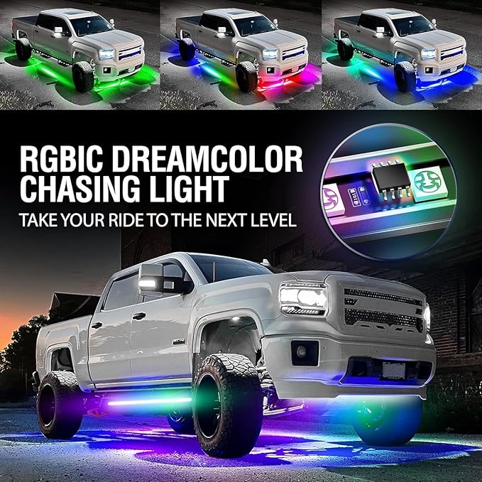 OPT7 Aura DreamColor Underglow Chasing Lights for Truck with APP & Remote | Waterproof Aluminum Frame, RGB-IC LED Bar, Rainbow Ground Effects, Exterior Off Road Accent Lighting, 12V Pickup Accessories