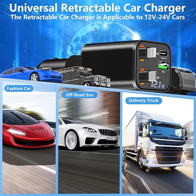 [Apple MFi Certified] Retractable Car Charger USB C, Rombica 120W Car Phone Charger 4 in 1 Car Accessories Adapter PD/QC Type C Fast Car Charging for iPhone 17/17 Pro/16/15/14/13/Galaxy S26/S25/Pixel