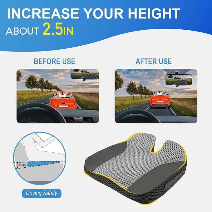 Lofty Aim Car Seat Cushion for Driving, Memory Foam Driver Seat Cushion | Car Seat Cushion for Long Driving Comfort, Driver Seat Pillow Adds Height and Support for Cars, Office Chairs, Black & Gray