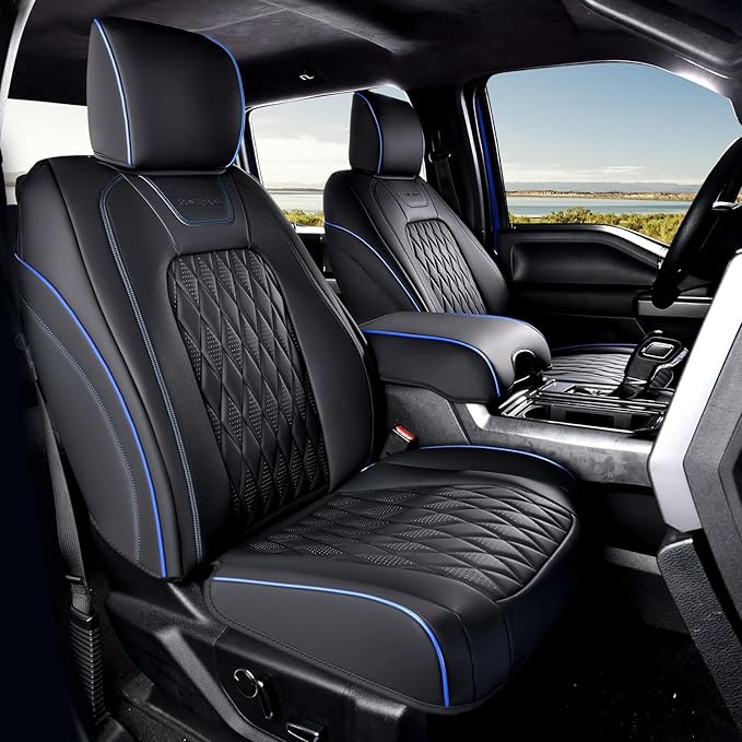 Coverado Leather Seat Cover, Custom Fit for Ford F150 Seat Covers, Ford F150 Truck Seat Covers Waterproof Fit for 2015-2026 F150 & 2017-2026 F250 F350 F450 Blueline - Front Pair