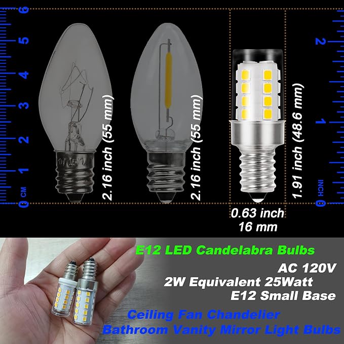 E12 T6 C7 LED Candle Base Bulb 2W Natural White 4000K AC120V 300lm, 4 Pack | Equivalent 25W, Non-Dimmable, CRI >82Ra, for Candelabra Chandelier Pendant Table Lamp Refrigerator Ceiling Fan Bulb