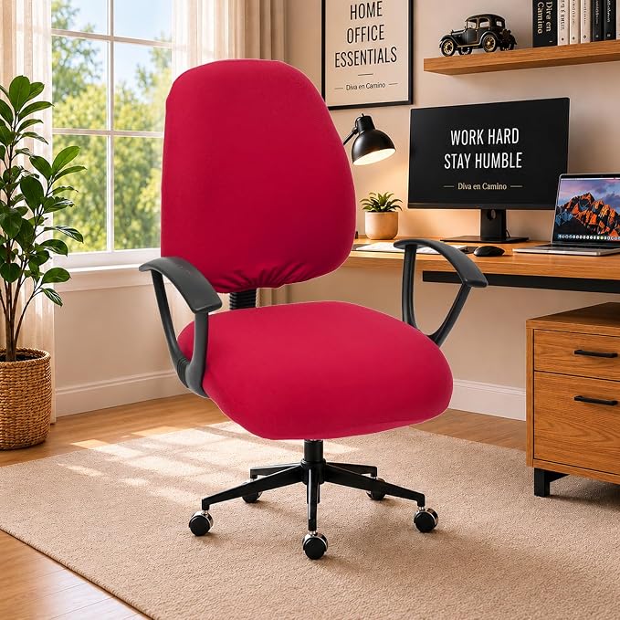 Stretchable Separate Office Chair Seat Covers - Universal Stretch Computer Chair Slipcover - 180GSM Washable Rotating Backrest Coverings & Cushion Protectors for Dogs, Cats, Pets, Red
