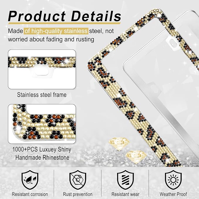 GaRhomxy Bling License Plate Frames for Women, 2 Pack Handcrafted Sparkly Rhinestone Car Accessories, Premium Stainless Steel Frame with 1000+ Faceted Glass Crystals & Glitter Caps (Leopard Print)