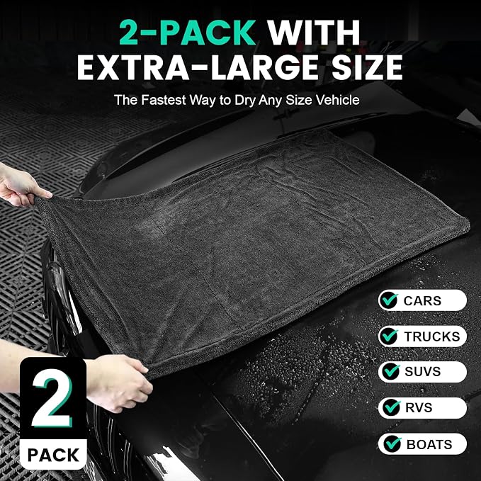 TEAWOO 2 Pack Double-Sided Car Care Extra-Large, Ultra-Absorbant Microfiber Drying Towel for Cars and Trucks, Super Absorbent Car Drying Towel, 1300GSM, 35" x 24"