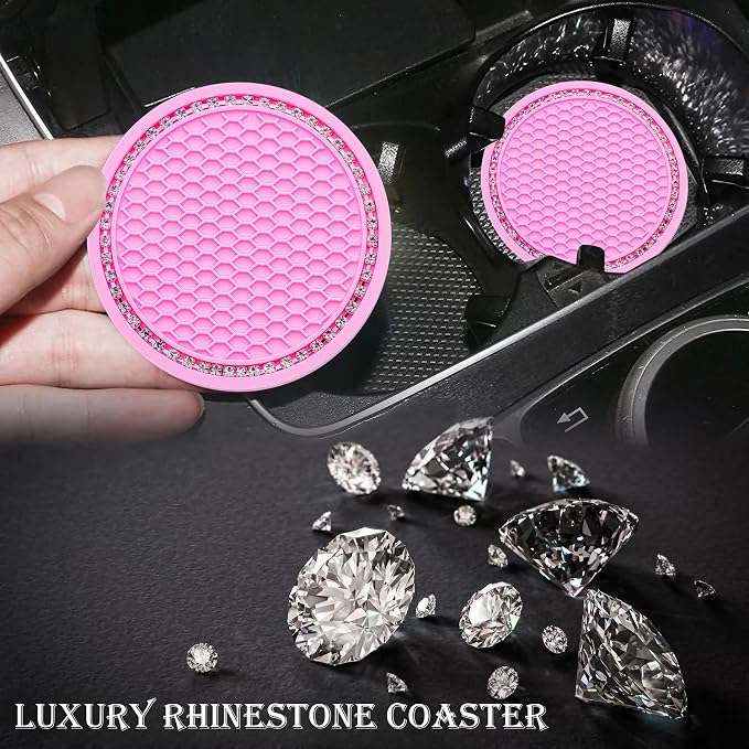 2PCS Bling Cup Holder Coaster, 2.75 Inch Auto Car Cup Holder Insert Coasters, Soft Silicone Anti-Slip Shockproof, Universal Vehicle Interior Accessories for Women Girls (Pink & White)