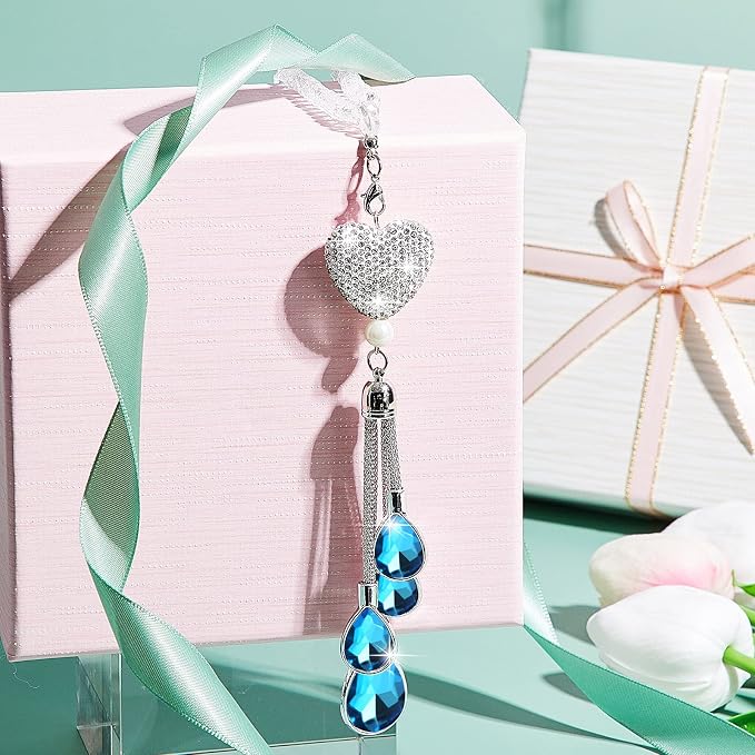 Frienda Bling Car Rear View Mirror Accessories for Women Gift Cute Heart Crystal Hanging Charm Diamond Decoration Lucky Interior Ornament Pendant(9.8 Inch,Blue)