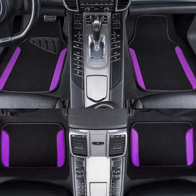 CAR PASS Waterproof Universal Fit Car Floor Mats, Faux Leather Car Carpet Mats with Anti-Slip Nibbs Backing & Driver Heel Pad Fit for SUV,Vans,sedans, Trucks,Set of 4pcs for Women (Black with Purple)
