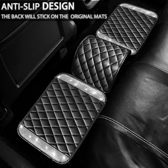 NBTEPEM Bling Leather Car Floor Mats Full Set, Sparkly Diamond Car Mats Universal Fit Most Automotive, Glitter Rhinestone Carpet Waterproof Anti-Slip, 5 pcs Set (Black Leather Silver Diamond)