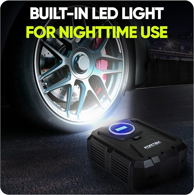 FORTEM Tire Inflator Portable Air Compressor, Air Pump for Car Tires and Bikes, Car Tire Pump w/Auto Shut Off, 150 PSI, 110V AC 12V DC, LED Light, Carrying Case, Perfect For Men, Women