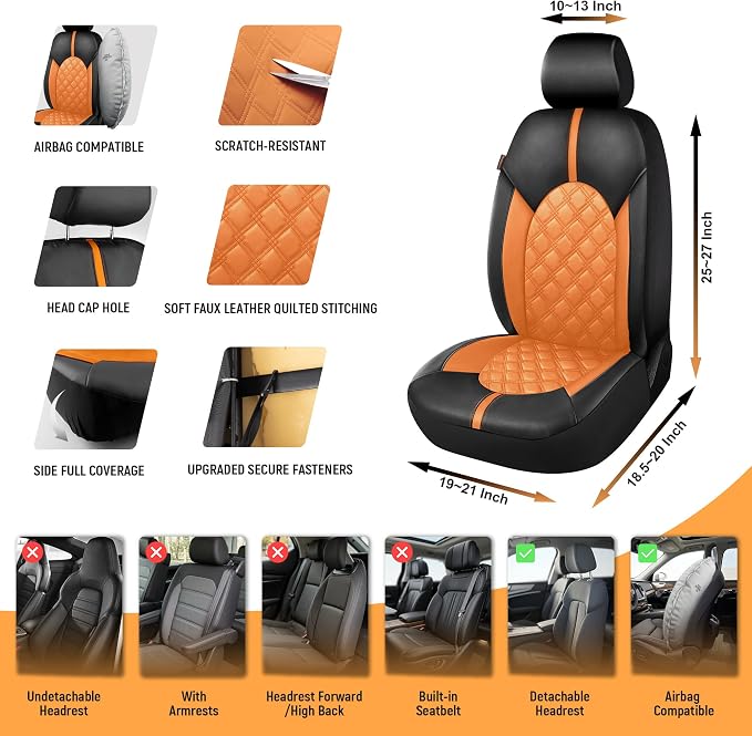 CAROMOP Luxury PU Leather Car Seat Covers Full Set-Waterproof Seat Protectors with Split Bench Seat Covers for Cars-Universal Cars Interior Covers for Sedans, SUVs, Pick-up Trucks(Orange Brown)