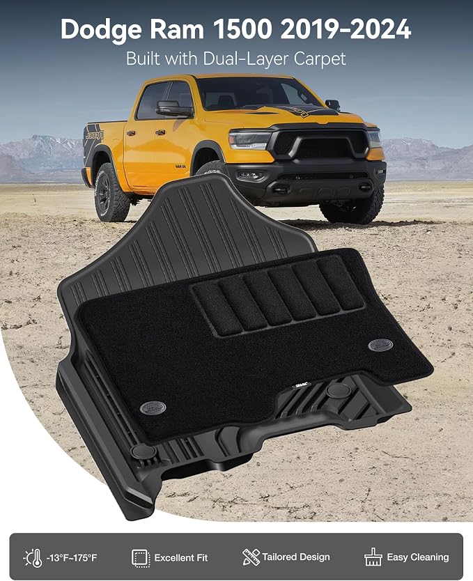 3W Dodge Ram 1500 Floor Mats & Front Carpets for 2019-2024 with Original Storage Under Rear Seat All Weather Floor Liner Car Accessories Ram 1500 New Body Crew Cab (Not for Classic Models)