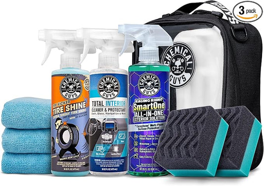 Chemical Guys Quick Detailing Kit With Storage Bag, Raging Rhino SmartOne Exterior Spray, Interior Cleaner, Tire Shine, Microfiber Towels, And Applicators Giftable Car Care Set