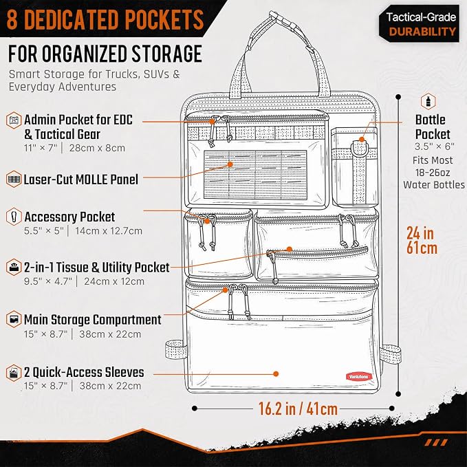 Tactical Seat Back Organizer Heavy Duty MOLLE Panel Organizer with Multiple Pockets & Hook Loop Panel for EDC Gear, Road Trip Essentials, Universal Fit for Car SUV Truck Jeep (Mud)