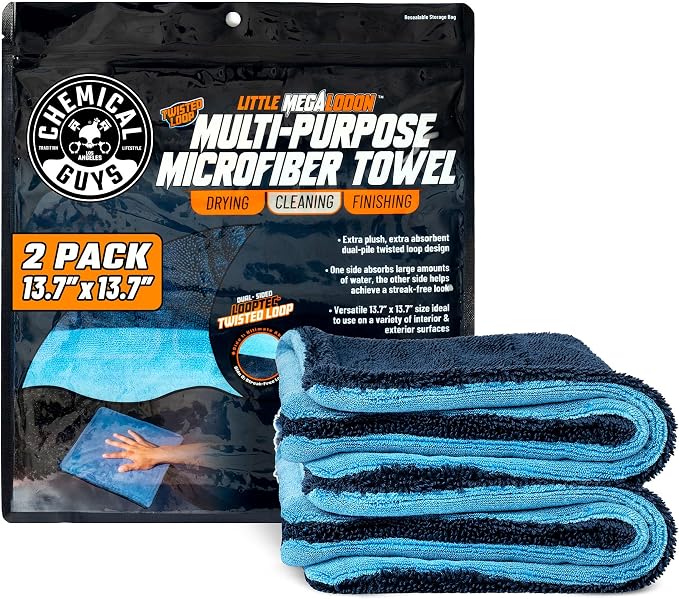 Chemical Guys Little Megalodon Multi Purpose Microfiber Towel (2 Pack) 13.7 x 13.7 Inch – Ultra Plush Detailing Towels for Car Wash, Drying, Interior Cleaning, Glass, Dusting & Polishing