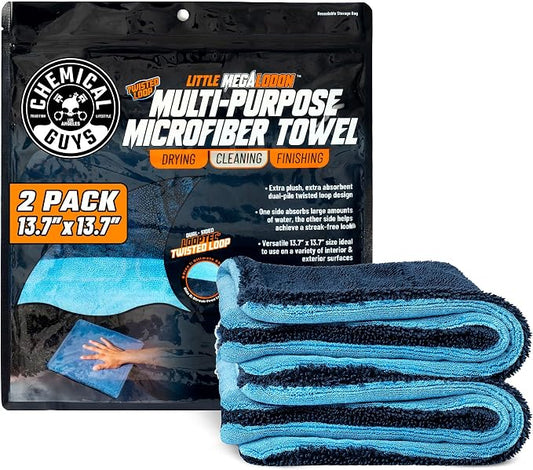 Chemical Guys Little Megalodon Multi Purpose Microfiber Towel (2 Pack) 13.7 x 13.7 Inch – Ultra Plush Detailing Towels for Car Wash, Drying, Interior Cleaning, Glass, Dusting & Polishing