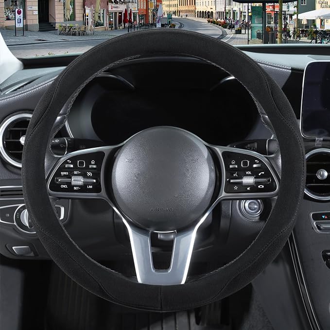 Black Suede Steering Wheel Cover Small 13.5 inch to 14 inch | Warm in Winter and Cool in Summer, Felt Car Accessories, Breathable Non-Slip Sweat-Proof Wear-Resistant for Civic Prius