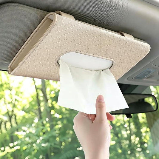 Car Tissue Holder, Car Sun Visor Napkin Box, Premium PU Leather, Universal Auto Napkin Case, Mask Holder for Vehicle, with Tissue Refill, Interior Accessories, Beige