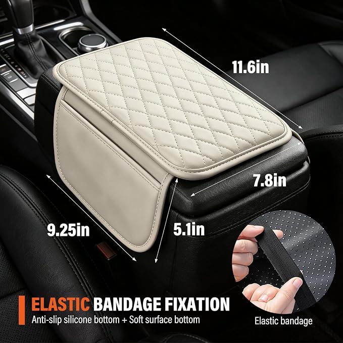 Center Console Cover with 2 Storage Bags, Universal Arm Cover for Car Pad Middle Console Cover, Scratch-Resistant & Waterproof, Easy to Clean - White
