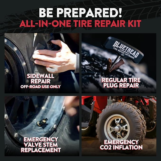 GlueTread ATV Tire Repair Kit Complete Off-Road Tire Patch Kit - Includes Glue Tread Sidewall Repair Patches, Colby Emergency Valve, Plug Kits (12 Plugs), T Handles and 4 CO2 Cartridges - Heavy Duty