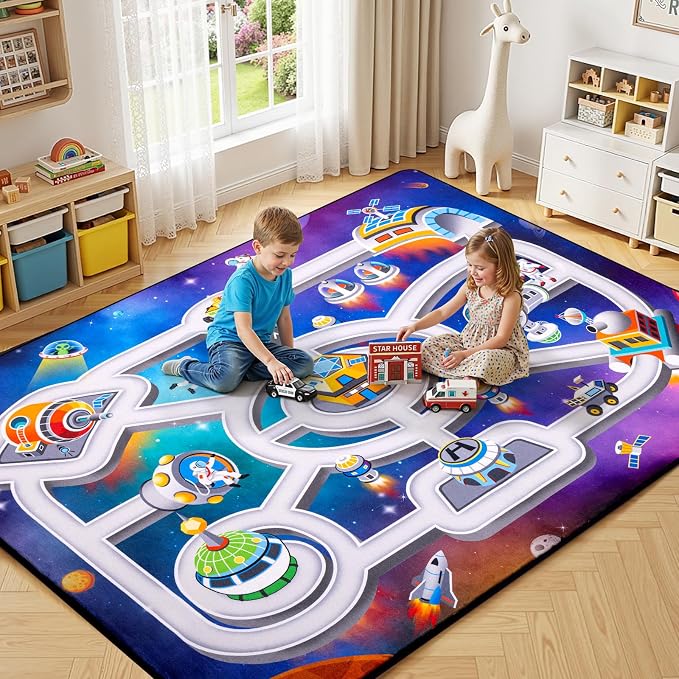Kids Space Rug 3 x 5 Ft | Outer Space Road Play Mat with Planets & Rockets, Non-Slip Educational Carpet for Playroom