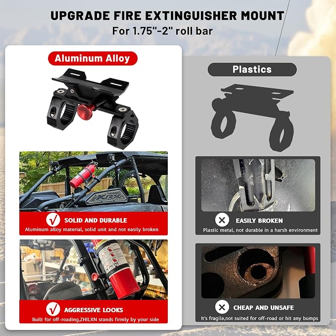 ZHILXN Aluminum UTV Fire Extinguisher Mount Kit for Roll Bar, Quick Release | Adjustable Car Fire Extinguisher Bracket Holder for 1.75-2in Roll Cage, Compatible with Polaris RZR SXS Ranger Camper Can-Am