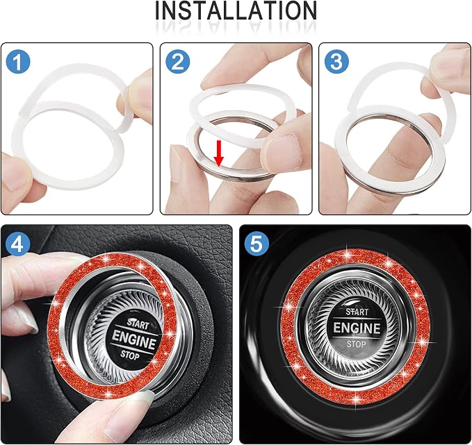 WINKA 2pcs Bling Car Engine Start Button Cover Diamond Crystal Push Start Stop Button Ring Sparkly Bling Ignition Button Cover Rhinestone Keyless Ignition Ring Universal Car Accessories (Navy Orange)