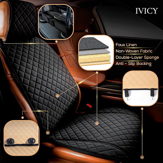 IVICY Faux Linen Front Car Seat Cover – Non-Slip Bucket Seat Protector for Most Cars, SUVs, Vans & Trucks – 1 Seat Cover, Machine Washable, Side-Airbag Friendly, Black