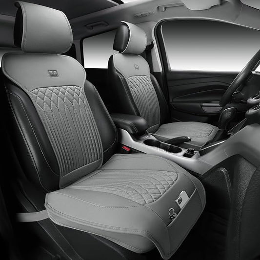 CAR PASS Car Seat Protector, 2 Pack Sideless Nappa Leather Seat Covers for Cars, All Season Waterproof Breathable Front Seats Cushion with Storage Pocket Universal Fit Vehicle Car SUV Truck, All Gray