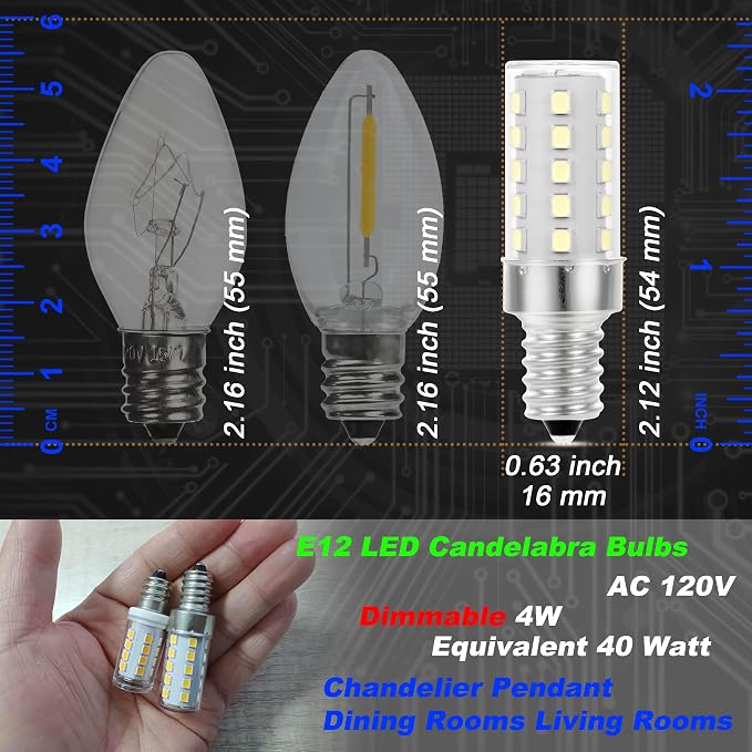 E12 Candelabra Light Bulb Dimmable 4W 450lm 6000K Daylight White, 4 Pack | Equivalent 40 Watt, AC120V, Candle Small Base for Chandelier Pendant Dining Rooms Living Rooms Bedrooms Office, No-flicker