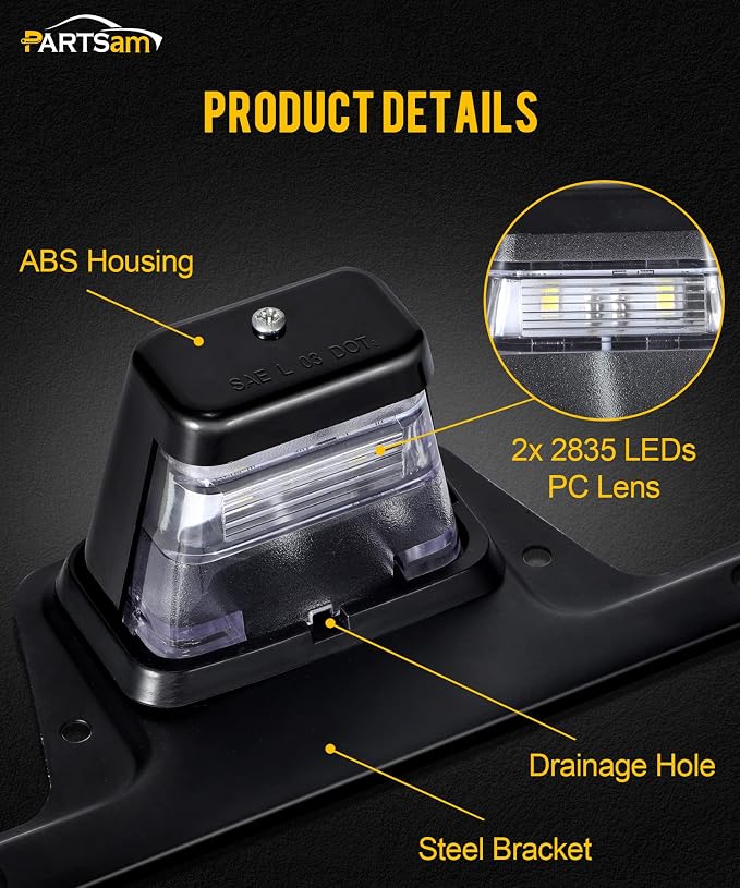 Partsam LED License Plate Light Waterproof 12V DC License Tag Light with Holder Drainage Hole Steel Bracket Mount ABS Housing PC Lens for Trailer Truck Pickup UTV ATV RV Boat 12V DOT Compliant