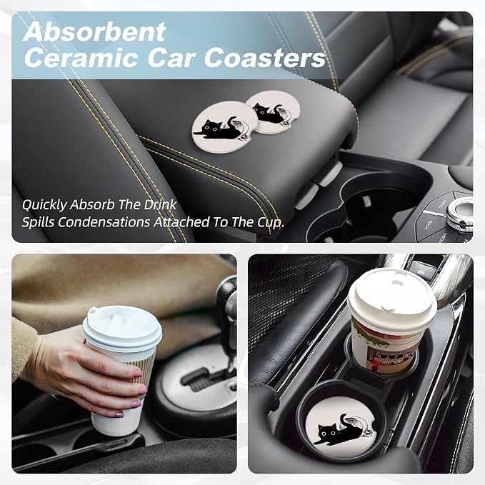 Cute Black Cat Car Coasters for Cup Holders,2 Pack Car Cup Holder Coasters for Car,Ceramic Absorbent Car Coaster with A Finger Notch and Cork Base,Car Interior Accessories for Women Men