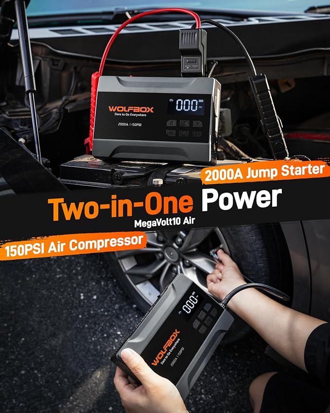 WOLFBOX MV10A 2000A Jump Starter with Air Compressor, 37Wh Car Battery Jumper Starter Portable (up to 5L Gas Engine) with 150PSI Tire Inflator, 12V Jump Box with Jumper Cables, Boost, LED Light