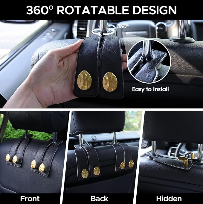 Leather Car Purse Hook for Headrest, 4 Pack (Black-Gold) | Twin Hooks Headrest Hangers, 2/4 Pack, No-Slip, Scratch-Proof, Holds Purses, Backpacks, Grocery Bags, Car Organizer Gift