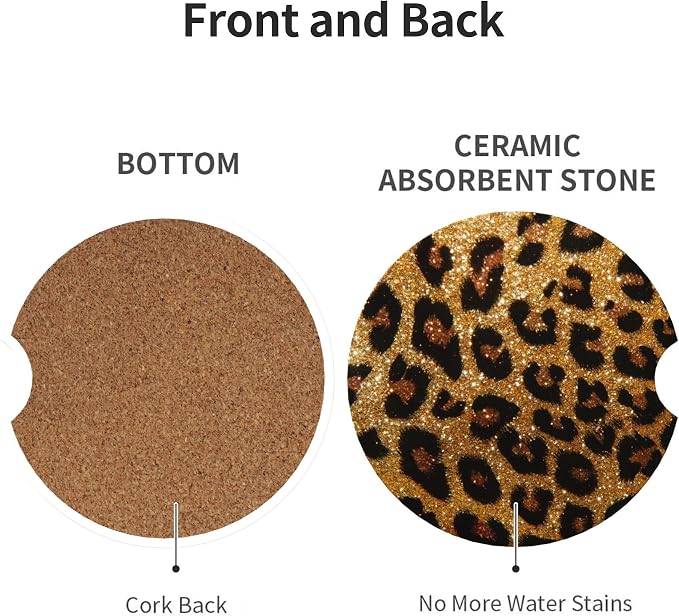Leopard Print Shiny Car Cup Holder Coasters 2 Pack 2.63" for Women | Glittering Universal Anti Slip Ceramic Absorbent Coaster with Cork Base and Finger Notch Cute Car Accessories Interior