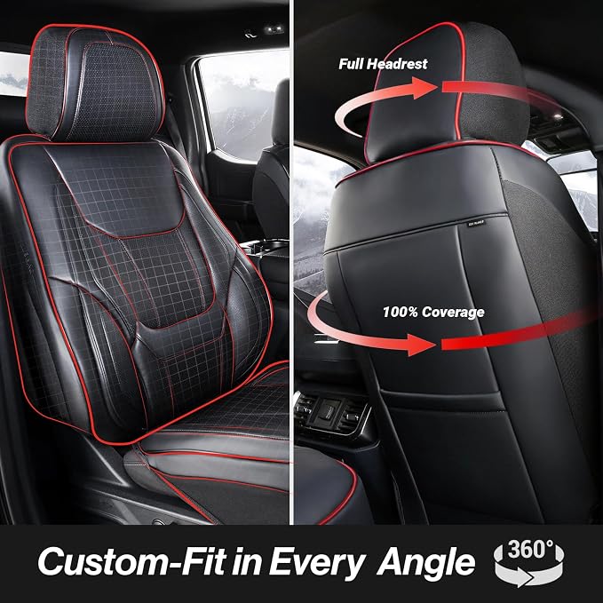 Coverland Custom Truck Car Seat Covers Front Seats for [2004-2011 Ford Ranger Super Cab Bucket Seats] - Protector Water Resistant Leather Memory Form Seat Cushion [Front - Black with Red Stitching]