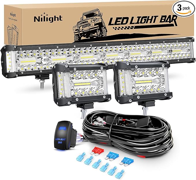 Nilight Side Shooter LED Light Bar Set 20 Inch Triple Row Spot Flood Combo Lights 2PCS 4.3" Pods with 5Pin Rocker Switch Wiring Harness Kit for Truck SUV ATV UTV