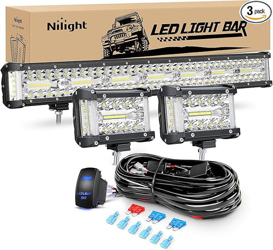 Nilight Side Shooter LED Light Bar Set 20 Inch Triple Row Spot Flood Combo Lights 2PCS 4.3" Pods with 5Pin Rocker Switch Wiring Harness Kit for Truck SUV ATV UTV